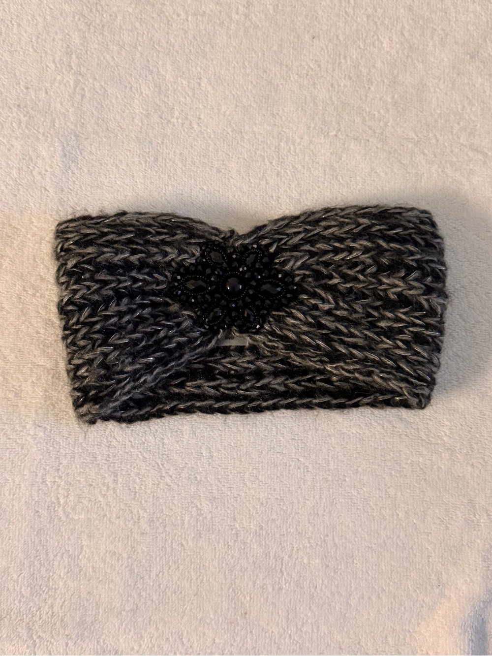 & Other Stories Black and Gray Knit Twist Headband with Beaded Brooch